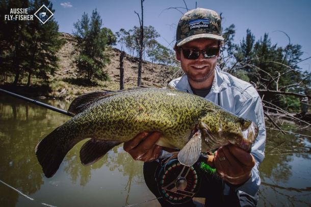 Chris Cleaver with his recently caught and released hybrid cod he likes to call a Murrout (cross between a Murray and trout cod).